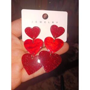 New Red Hot Sparkle Heart Dangle Drop‎ Long Tiered Earrings Y2k Valentines Love